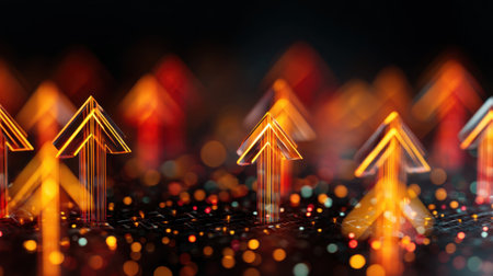 This vibrant and abstract image showcases glowing arrows pointing upward against a blurred background, symbolizing growth, success, and forward momentum in various contexts.の素材