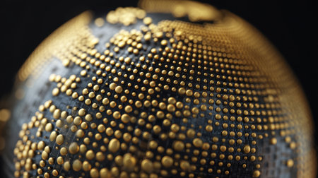 Stunning close-up of a textured globe showcasing golden dots indicating geographic locations on a dark background, perfect for creative and educational projects.の素材