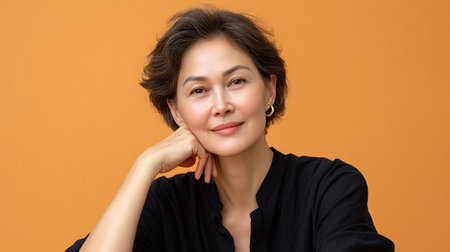 A confident Asian woman smiles softly in a casual black outfit, creating a warm and inviting atmosphere against a vibrant orange background.の素材