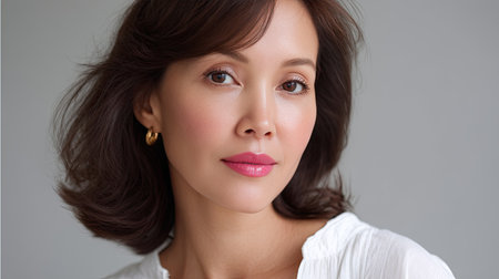 This stunning portrait captures a woman exuding elegance and natural beauty with soft makeup. Her confident gaze and flattering hairstyle showcase simplicity and charm, perfect for lifestyle themes.の素材