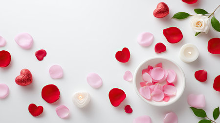 Beautiful arrangement of rose petals in shades of red and pink surrounding a white bowl and candle. Ideal for romantic, festive, or elegant themes.の素材