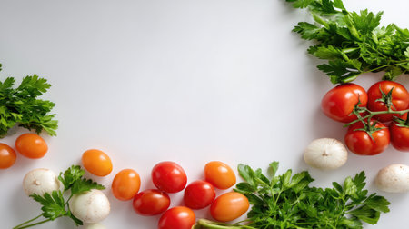 Vibrant arrangement of fresh tomatoes, parsley, and mushrooms on a white background, perfect for culinary projects and healthy recipes. Ideal for various food-related themes.の素材