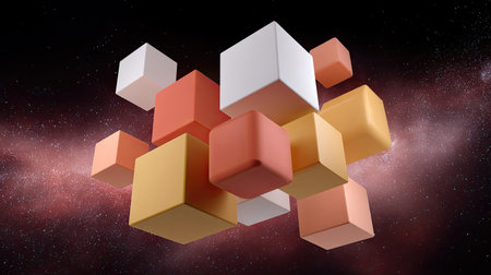 A captivating abstract scene featuring colorful cubes floating in a cosmic space, embodying creativity and modern design, perfect for digital art projects.の素材