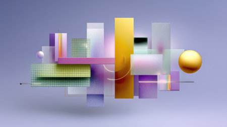This image showcases an abstract geometric composition featuring colorful shapes and textures against a soft purple background, creating an engaging visual experience.の素材