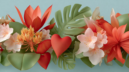 A stunning floral arrangement featuring vibrant flowers, lush green leaves, and heart shapes, set against a soft blue background for a serene aesthetic.の素材