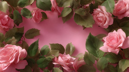 A stunning display of pink roses and lush green leaves beautifully arranged around a soft pink background, perfect for various creative and floral projects.の素材