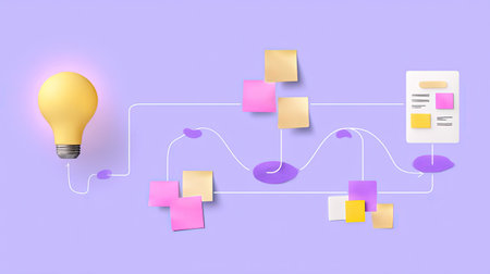 This image showcases a light bulb representing ideas alongside colorful sticky notes on a soft purple backdrop. It symbolizes creative brainstorming and organization in a modern workspace, perfect for illustrating innovative processes.の素材
