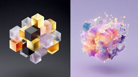 This image showcases an abstract arrangement of translucent cubes in contrasting colors, providing a modern and vibrant visual appeal. Perfect for creative projects.の素材