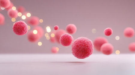 This image captures an abstract view of floating cells with a soft pink hue and glowing particles, ideal for concepts related to biology and microbiology.の素材
