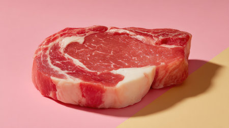 A fresh raw ribeye steak sits on a vibrant two-tone background, showcasing its rich marbling and tenderness, ideal for culinary and food art projects.の素材