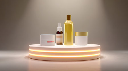 A stunning arrangement of skincare products on a round pedestal illuminated by soft ambient lighting, perfect for beauty advertising and promotional visuals.の素材