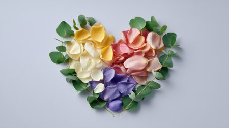 A beautifully crafted heart shape made from an assortment of colorful flower petals and green eucalyptus leaves against a light background, ideal for romantic themes.の素材