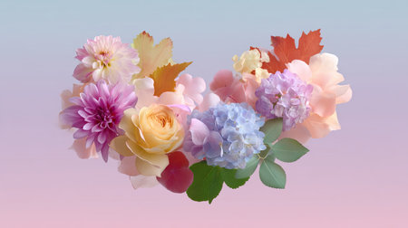 A stunning display of seasonal flowers in soft pastel colors, featuring roses, hydrangeas, and dahlias, set against a serene gradient background.の素材