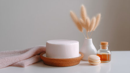 A serene and elegant arrangement featuring a pastel round cake, a chic vase with dried flowers, a cozy towel, a sweet macaron, and a fragrance bottle.の素材
