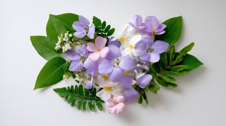 This beautiful heart-shaped arrangement features a variety of colorful flowers and lush green leaves, symbolizing love, nature, and freshness. Perfect for floral designs.の素材