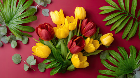 A stunning bouquet featuring yellow and red tulips arranged with tropical greenery against a bold red background. Perfect for celebratory occasions or home decor.の素材