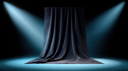 A dark fabric curtain gracefully drapes in a studio environment, illuminated by dramatic lighting. The scene creates a striking background perfect for artistic presentations and photography.の素材