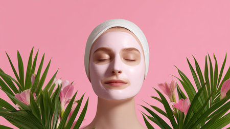 A serene female figure adorned with a facial mask stands amidst lush plants and elegant flowers, embodying beauty and wellness themes against a soft pink backdrop.の素材