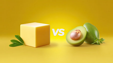 This image showcases a vibrant comparison of butter and avocado, emphasizing the differences in these popular healthy fat sources against a sunny yellow backdrop.の素材