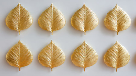 A visually striking arrangement of golden leaves set against a clean white surface, capturing elegance and artistic beauty. Ideal for decor and design inspiration.の素材