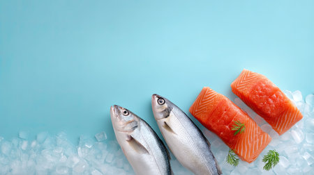 A vibrant and appetizing arrangement of whole fish and salmon fillets on ice, perfect for showcasing fresh seafood in culinary settings.の素材