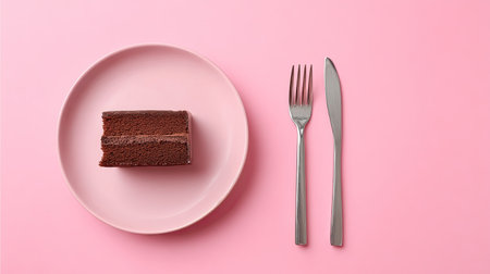 A delectable chocolate cake slice rests on a pink plate, accompanied by polished cutlery. This image captures the essence of dessert indulgence and celebration.の素材