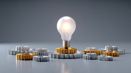 A light bulb rests on interlocking gears, symbolizing the interplay between ideas and mechanical innovation in a creative business setting.の素材