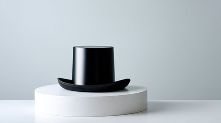A striking black top hat elegantly positioned on a minimalist white pedestal, set against a soft gray background, ideal for artistic representations.の素材