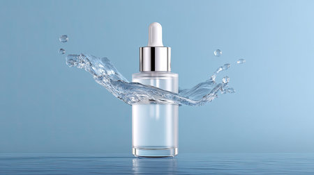 A stunning image of a clear glass dropper bottle surrounded by splashing water, set against a light blue background, perfect for skincare branding.の素材