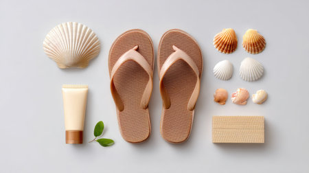 This flat lay features summer essentials including flip flops, seashells, and a tube of cream, perfect for beach trips. A serene gray background enhances the natural beauty of the elements and evokes a sense of relaxation and leisure.の素材