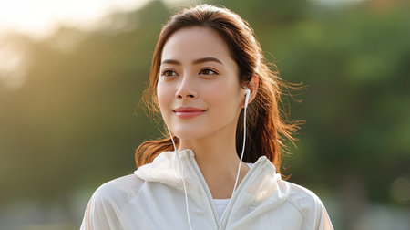A young woman enjoys the serene beauty of nature while listening to music through her earbuds during a bright morning, radiating happiness and calm.の素材
