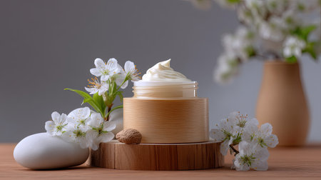 A beautifully composed image featuring a creamy moisturizer in a wooden jar, complemented by delicate blossoms and soothing stones, ideal for wellness and beauty themes.の素材