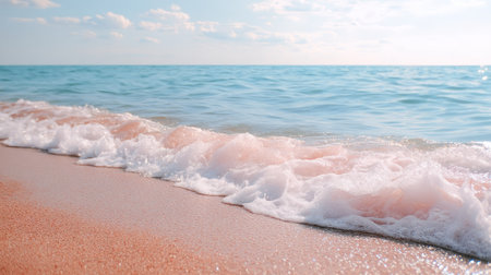 A tranquil scene depicting gentle waves lapping at a sandy beach under a bright blue sky. Fluffy white clouds reflect the serenity of this coastal paradise.の素材
