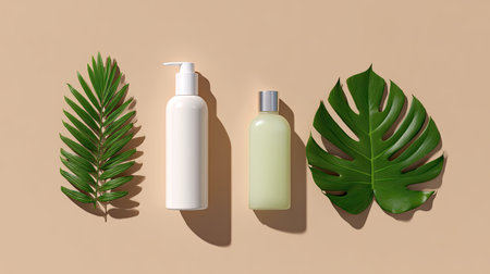 A minimalist arrangement of natural skin care products displayed alongside lush green leaves on a soft beige background, highlighting eco-friendly beauty.の素材