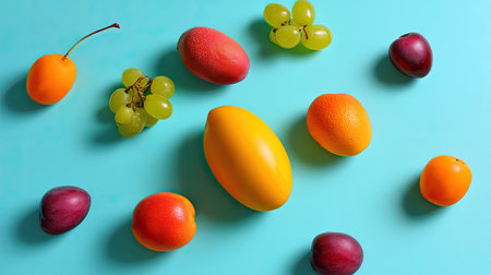 An appealing arrangement of assorted fruits placed on a soft blue background, highlighting their vivid colors and natural textures, perfect for healthy lifestyle visuals.の素材