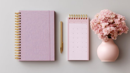 This stylish workspace features a pink notebook, calendar, elegant pen, and a beautiful flower vase, creating an inspiring and organized atmosphere.の素材