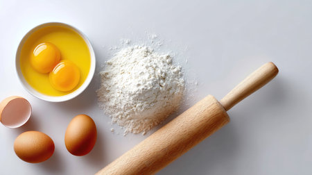 This image features essential baking ingredients including fresh eggs, flour, and a wooden rolling pin on a light background, perfect for culinary enthusiasts.の素材