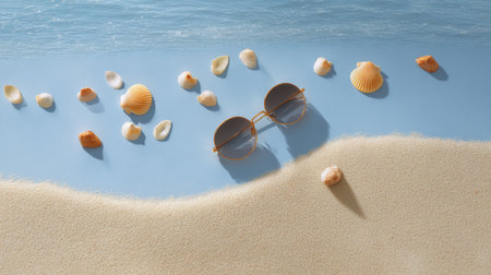 A pair of stylish sunglasses rests beside seashells on a sandy beach, creating a perfect summer scene filled with relaxation and tranquility.の素材