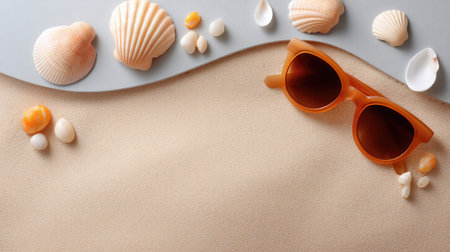 A vibrant display of sunglasses and seashells arranged on a sandy beach background, evoking feelings of summer fun and relaxation by the ocean.の素材
