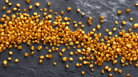 A captivating view of vibrant gold nuggets scattered across a dark slate background, perfect for illustrating themes of wealth, luxury, and elegance in various designs.の素材