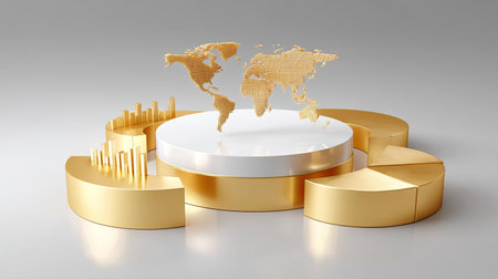 This stock photo features a golden world map set above a modern presentation platform, showcasing graphical elements ideal for business and data visualization.の素材