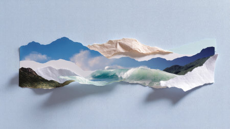 A stunning paper collage featuring serene landscapes with mountains and ocean waves, set against a soft blue background. This artwork evokes tranquility and creativity.の素材