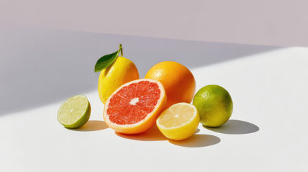 A visually appealing arrangement of fresh citrus fruits including lemons, limes, oranges, and grapefruits on a light backdrop, symbolizing health and vitality.の素材