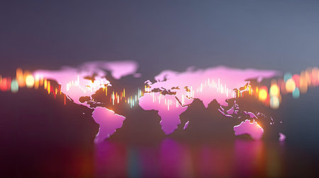 Explore a captivating artistic take on a world map adorned with vibrant sound waves and luminous colors, showcasing themes of communication and technology.の素材