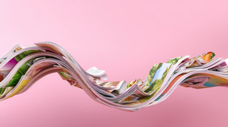 This dynamic image features colorful magazines in a creative wave formation against a pink background, showcasing unique textures and artistic design elements.の素材