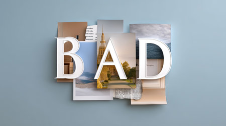 A stylish collage showcasing bold letters against a soft blue background, featuring vibrant images of nature and architecture. Perfect for creative projects.の素材