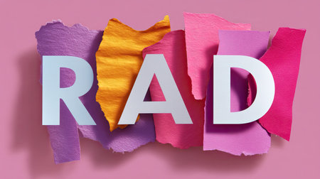 A vibrant composition of colorful paper scraps arranged to form the word 'RAD' against a pink backdrop, perfect for creative projects and promotional materials.の素材