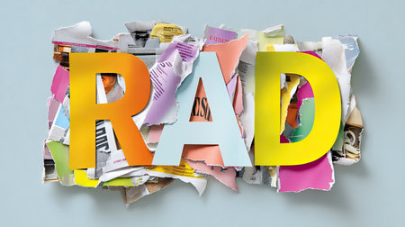 This striking collage artwork features bold letters spelling RAD, crafted from torn magazine pages in various vibrant colors, reflecting creativity and fun.の素材