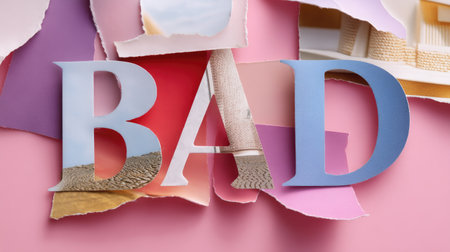 This vibrant and playful image features the word "BAD" creatively presented with colorful paper cutouts. The stylish typography against a pink backdrop brings a modern and artistic flair, making it ideal for a variety of design and creative uses.の素材