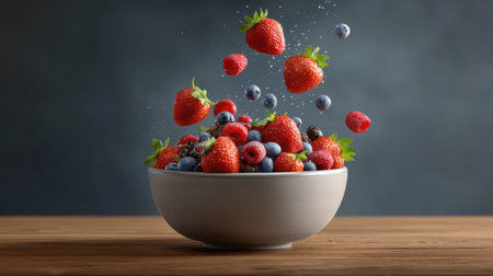 A stunning capture of fresh strawberries and blueberries splashing into a bowl, enhanced by water droplets against a dark backdrop, showcasing vibrant colors.の素材